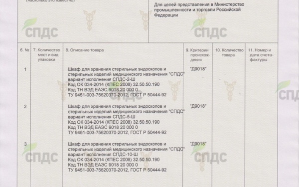Сертификат СТ-1 на Шкафы для хранения стерильных эндоскопов